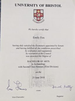 Emily Fox's Degree Certificate from the University of Birmingham