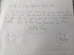 What I like about you is...Miss Fox you never shout, you always have a grin on your face (you always smile). You are kind and always make me smile, you are always making me happy. You are the best teacher in the world! 